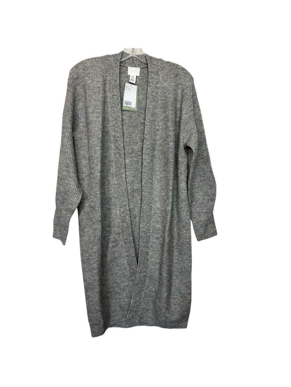 H&M Wool Blend Ribbed Knit Open Front Relaxed Fit Grey Long Duster Cardigan